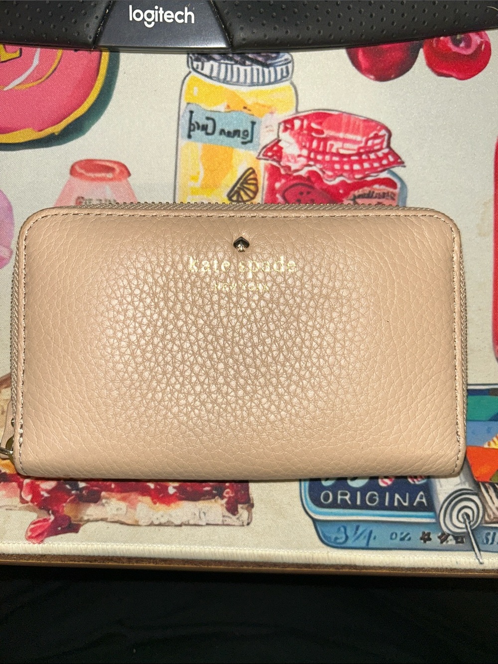 kate spade Pebbled Zip Wallet in Nude tan